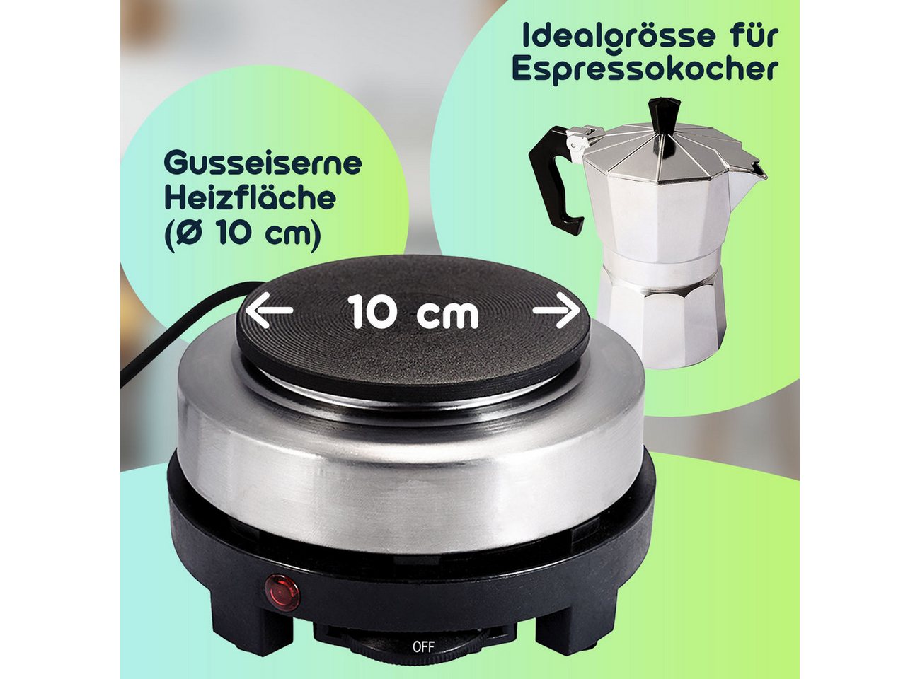 Casativo Einzelkochplatte Mini-Einzelkochplatte mit Espressokocher, 500W Camping-Set 150ml, 500W Mini-Kochplatte Gusseisen-Feld & Alu-Espressokocher für 3 Tasse – Bild 3 von 5
