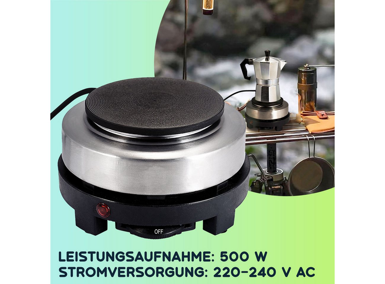 Casativo Einzelkochplatte Mini-Einzelkochplatte mit Espressokocher, 500W Camping-Set 150ml, 500W Mini-Kochplatte Gusseisen-Feld & Alu-Espressokocher für 3 Tasse – Bild 4 von 5