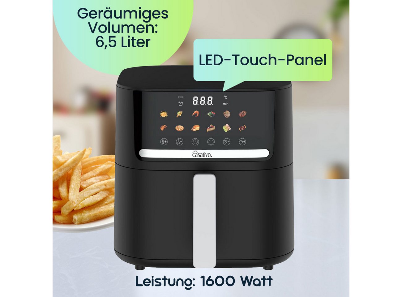Casativo Heißluftfritteuse CH9693, 1600 W, Energiesparend, 11 Programme, 6,5L Volumen, LED-Touch-Display – Bild 3 von 5
