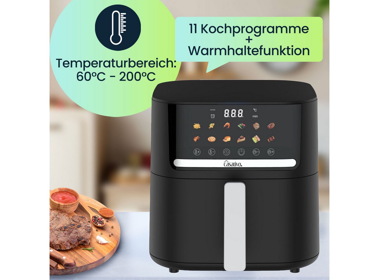 Casativo Heißluftfritteuse CH9693, 1600 W, Energiesparend, 11 Programme, 6,5L Volumen, LED-Touch-Display – Bild 5 von 5