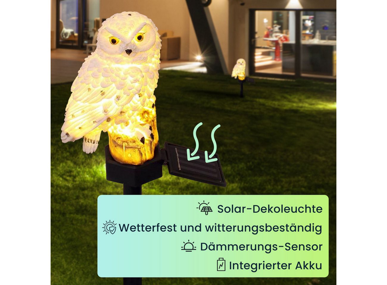 Casativo LED Solarleuchte LED Solar-Eule wetterfest – Gartenleuchte mit Dämmerungssensor, ntegrierter Akku – Bild 3 von 3