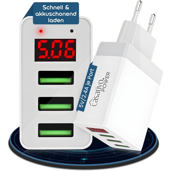 Casativo Multi-Port USB Ladegerät 3 USB-A Ports LED-Display 5V/2.4A je Port USB-Ladegerät (1-tlg., 2×USB 5V/2,4A, max. 3,1A/15,5W, LED-Display für Spannung & St