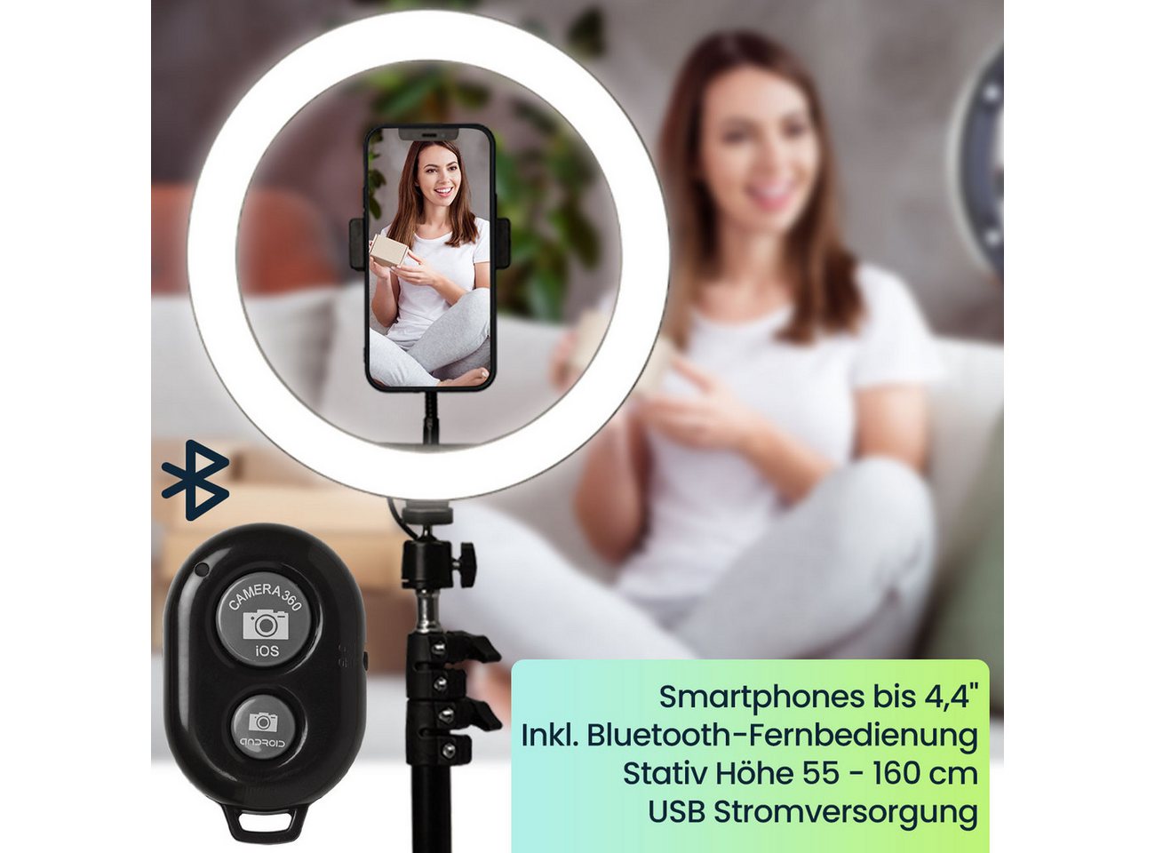 Casativo Professionelles LED-Ringlicht, Stativ-Ständer und Smartphone-Halterung Studio-Blitzgerät, (Fernauslöser, Ø 10" / 25 cm, App) – Bild 2 von 5