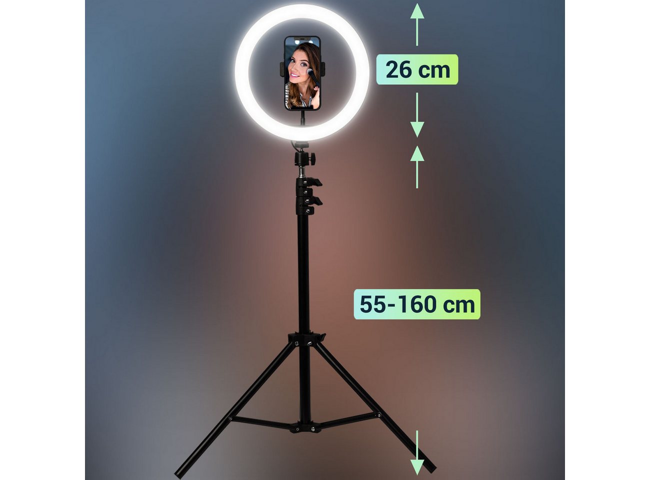 Casativo Professionelles LED-Ringlicht, Stativ-Ständer und Smartphone-Halterung Studio-Blitzgerät, (Fernauslöser, Ø 10" / 25 cm, App) – Bild 3 von 5