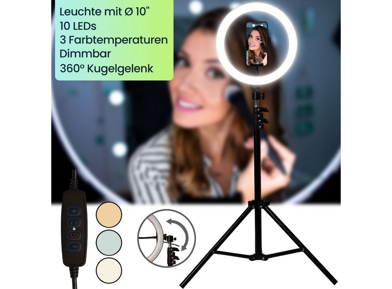 Casativo Professionelles LED-Ringlicht, Stativ-Ständer und Smartphone-Halterung Studio-Blitzgerät, (Fernauslöser, Ø 10" / 25 cm, App) – Bild 4 von 5