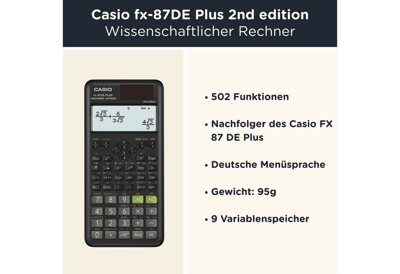 CASIO Taschenrechner fx-87DE Plus 2nd edition Classwiz inkl. WYNGS Schutztasche Blau – Bild 2 von 5