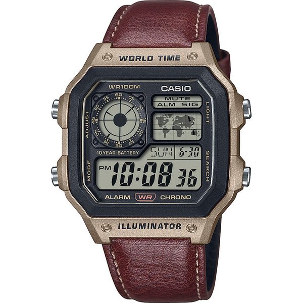 CASIO TIMELESS COLLECTION Chronograph AE-1200WHL-5AVEF, Quarzuhr, Armbanduhr, Herrenuhr, Lederarmband, Digitaluhr