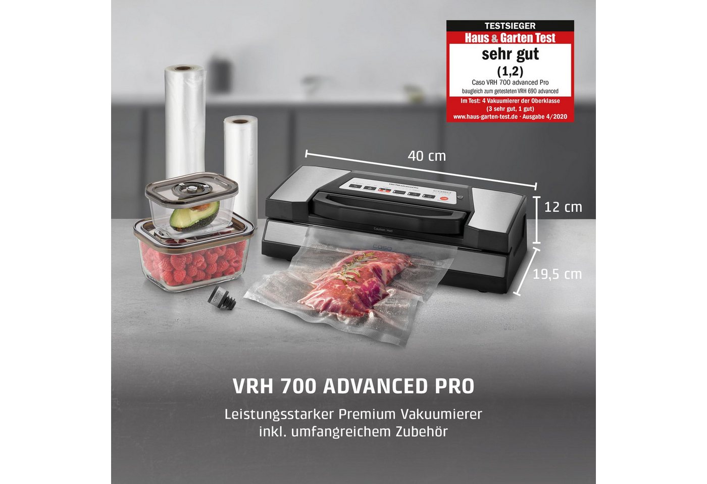 Caso Vakuumierer VRH 700 advanced Pro, Profi-Vakuumierer, 150 Vakuumiervorgänge, Doppelte Schweißnaht – Bild 3 von 5