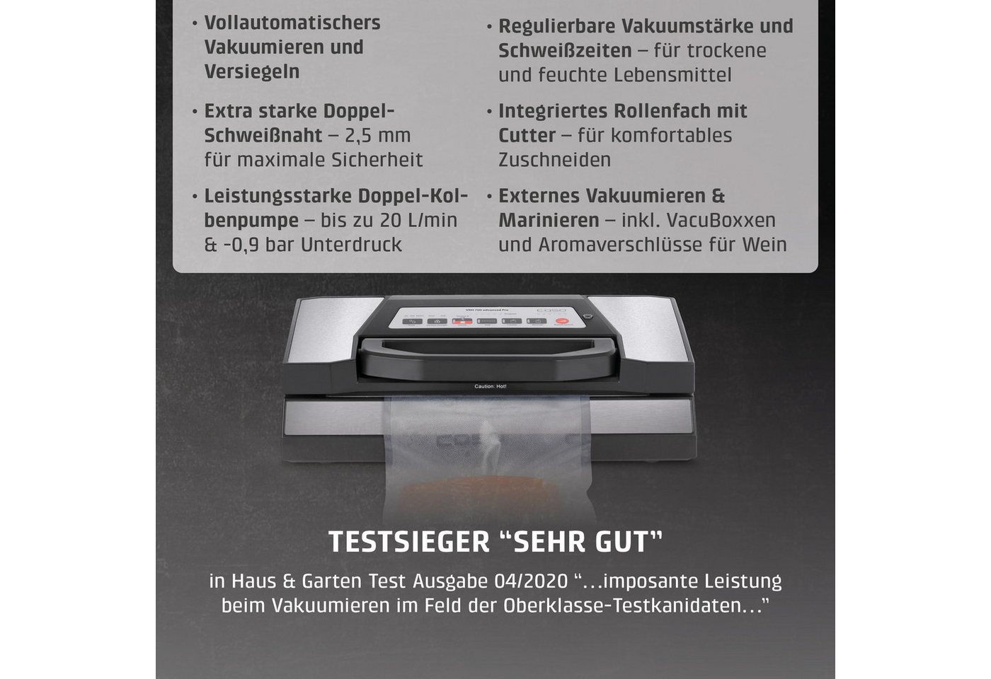 Caso Vakuumierer VRH 700 advanced Pro, Profi-Vakuumierer, 150 Vakuumiervorgänge, Doppelte Schweißnaht – Bild 4 von 5