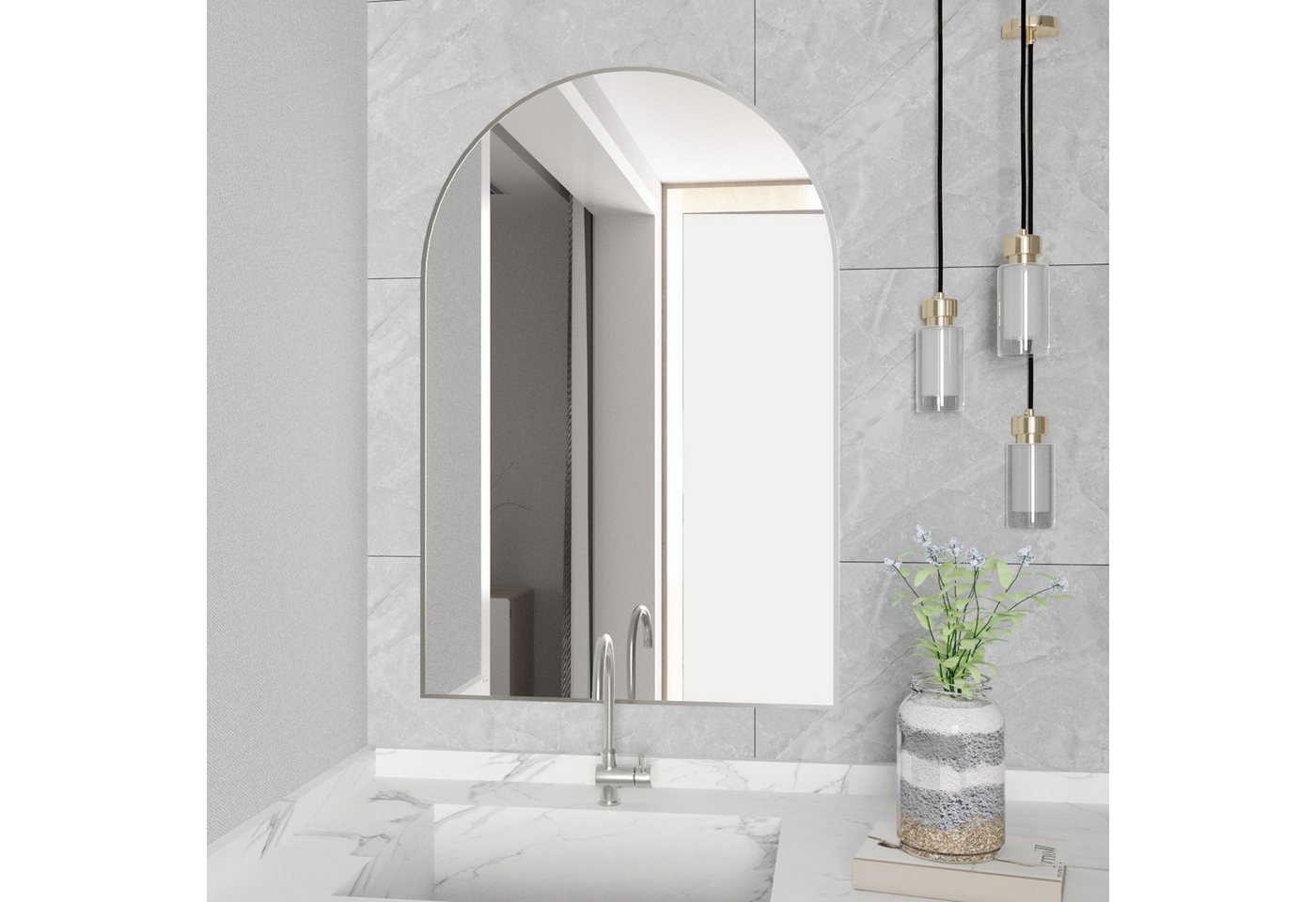 CASSILANDO Badspiegel Bogenförmiger Wandspiegel, Badezimmerspiegel, 75 * 50cm Aluminium (Packung, WandSpiegel Halbarch) – Bild 5 von 5
