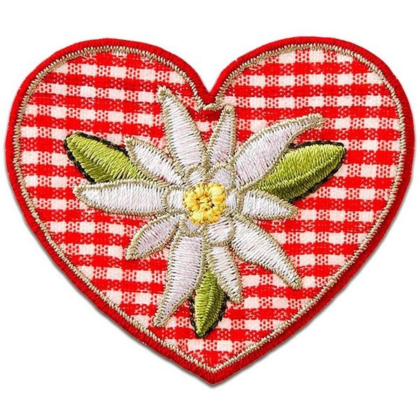 Catch the Patch Aufnäher Bügelbild, Aufbügler, Applikationen, Patches, Flicken, zum aufbügeln, Polyester, Karoherz mit Edelweiß - Größe: 6 x 5 cm