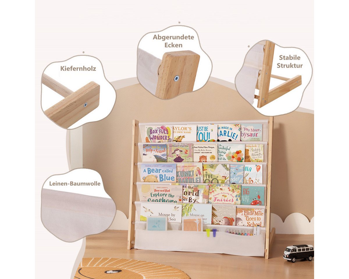 CAVEEN Bücherregal Kinder-Bücherregal mit Stofffächern, 5 Ebenen, Offenes Aufbewahrungsregal 67×30×75cm für Spielzimmer & Schlafzimmer – Bild 2 von 5
