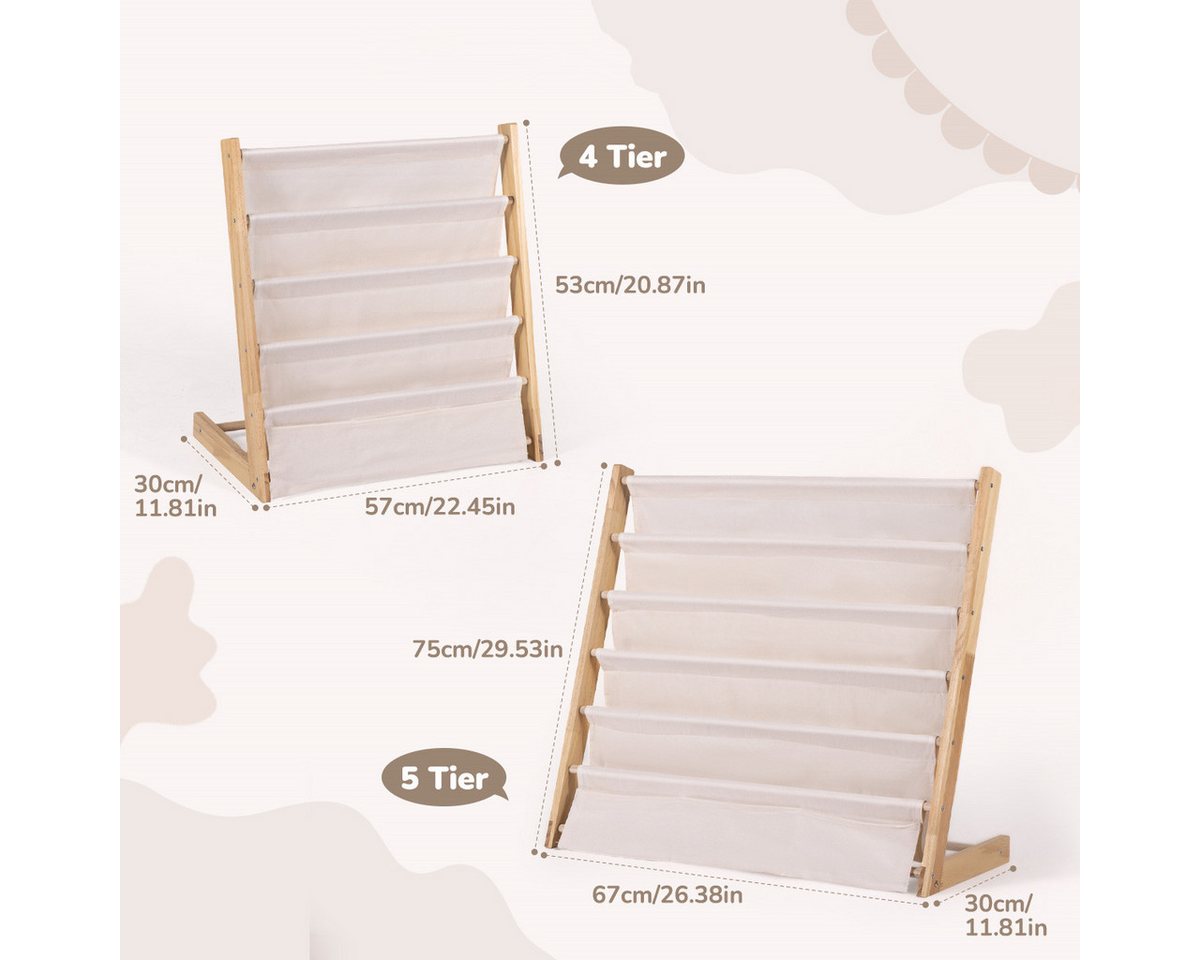 CAVEEN Bücherregal Kinder-Bücherregal mit Stofffächern, 5 Ebenen, Offenes Aufbewahrungsregal 67×30×75cm für Spielzimmer & Schlafzimmer – Bild 3 von 5