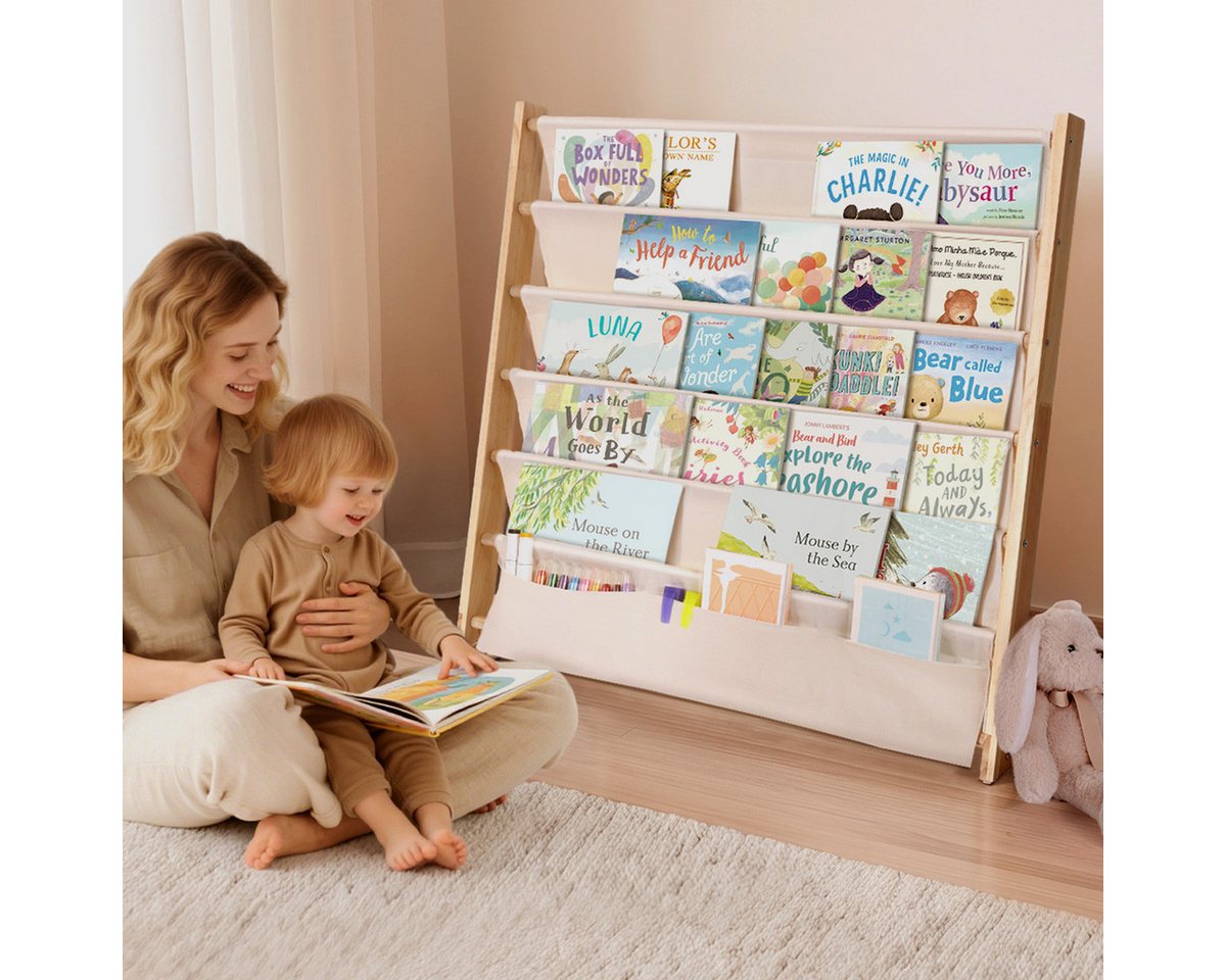 CAVEEN Bücherregal Kinder-Bücherregal mit Stofffächern, 5 Ebenen, Offenes Aufbewahrungsregal 67×30×75cm für Spielzimmer & Schlafzimmer – Bild 4 von 5