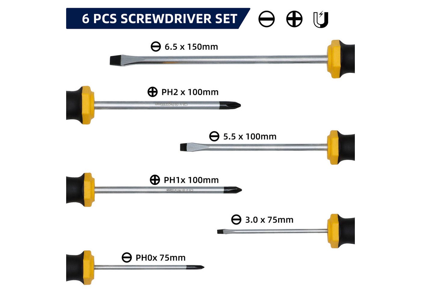 CCLIFE Bit-Schraubendreher Magnetischer Schraubenzieher mit Schlitz, Pozidriv Kreuzschlitz, (Set, 6 St), 1 – Bild 2 von 5