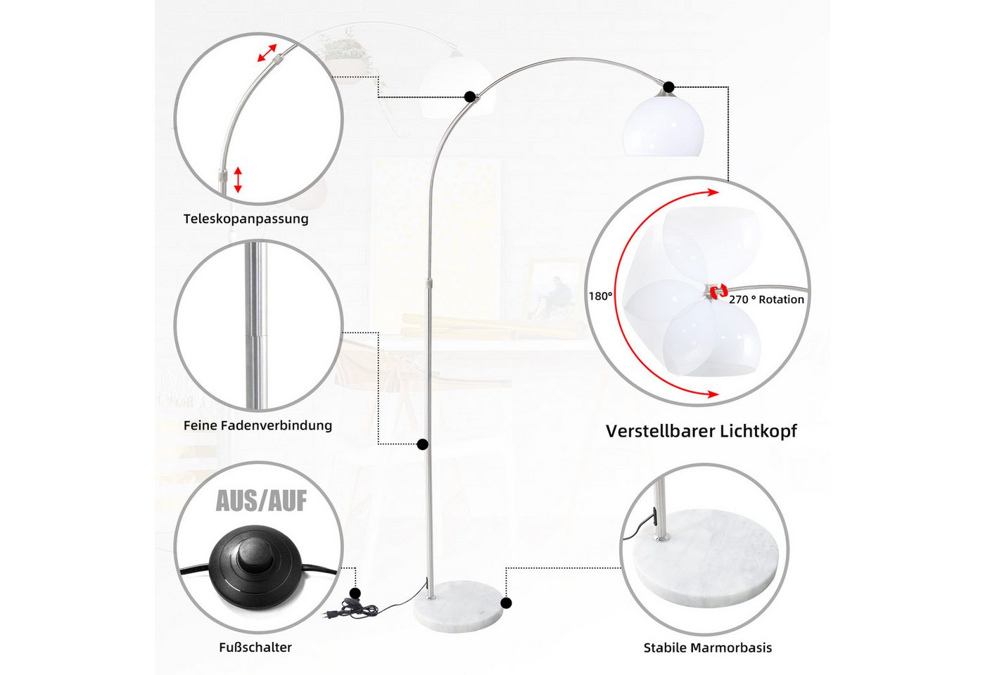 CCLIFE Bogenlampen Bogenlampe Stehlampe LED E27 Bogenleuchte Wohnzimmer – Bild 3 von 5