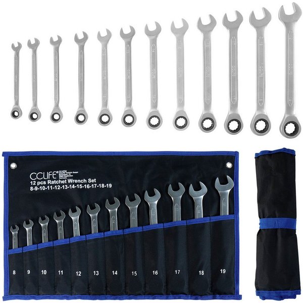 CCLIFE Ratschenringschlüssel 12tlg Gelenk Ratschenschlüssel Set 8-19mm Ring-Maulschlüsset (12 St)