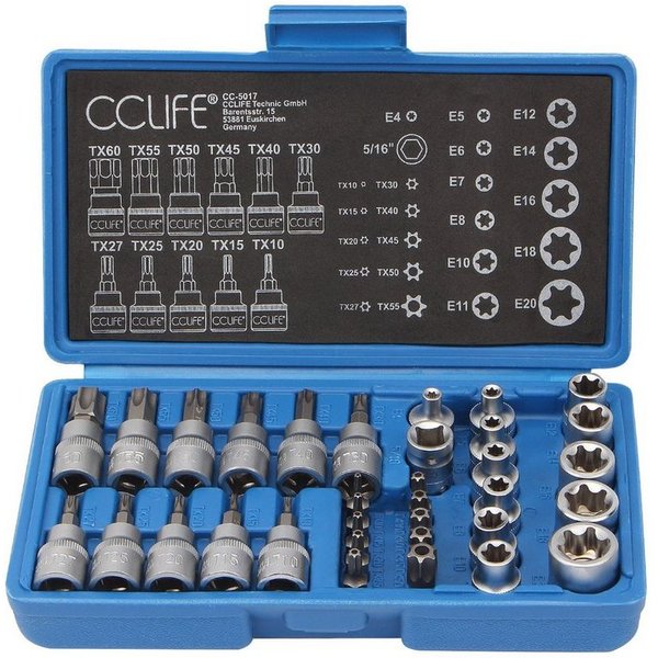 CCLIFE Steckschlüssel 34tlg Innen Außen Torx Steckschlüssel und S2 Bit Satz Sechskant Satz