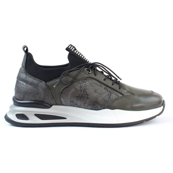 Celal Gültekin Leder-Sneaker Elastische Schnürung Plateau Casual Sportlich Herren Sneaker Glattleder, Plateau-EVA-Sohle, Elastische Schnürung, Khaki, 42