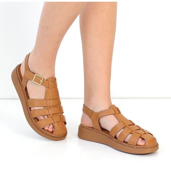 Celal Gültekin Plateau Riemchen Flach Schnalle Retro Damen Römersandale Glattleder, Echtleder-Futter & Decksohle, Hellbraun, 39