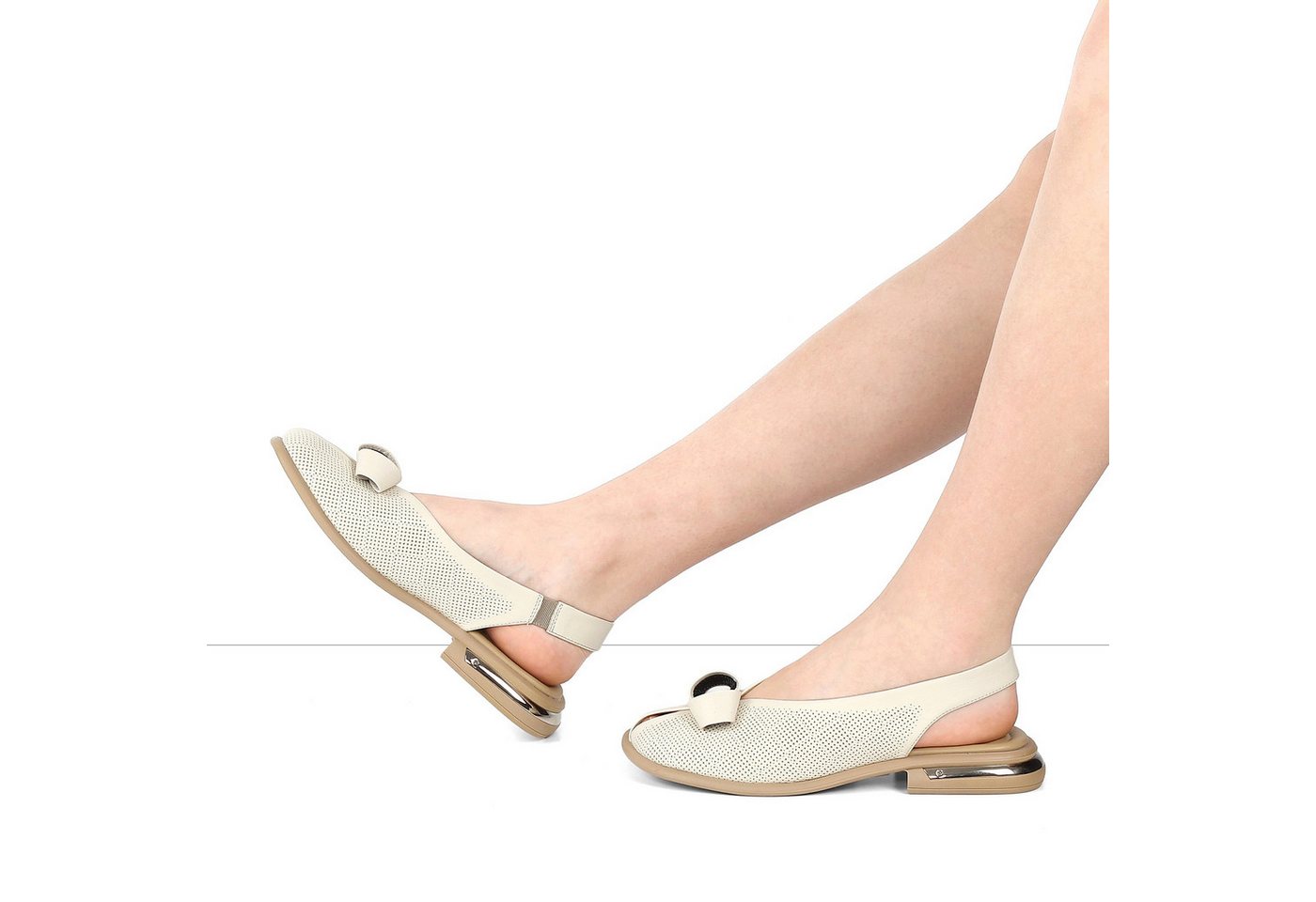 Celal Gültekin Slingback Blockabsatz Lochmuster Schleife Damen Sandalette Glattleder, Lochmuster & Schleife, Echtleder-Futter, Beige, 36 – Bild 2 von 5