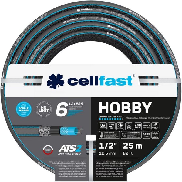 Cellfast Gartenschlauch HOBBY 1/2" 25 m 6-lagig, universal nutzbar, 1/2 Zoll (12,5 mm), verdrehgeschützt