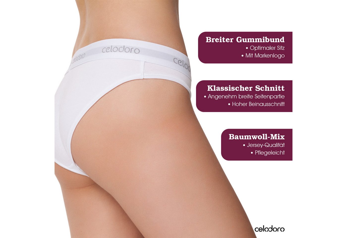 celodoro Slip Damen Bikini Slip (3er Pack) Webgummi-Bund mit Markenlogo – Bild 3 von 5