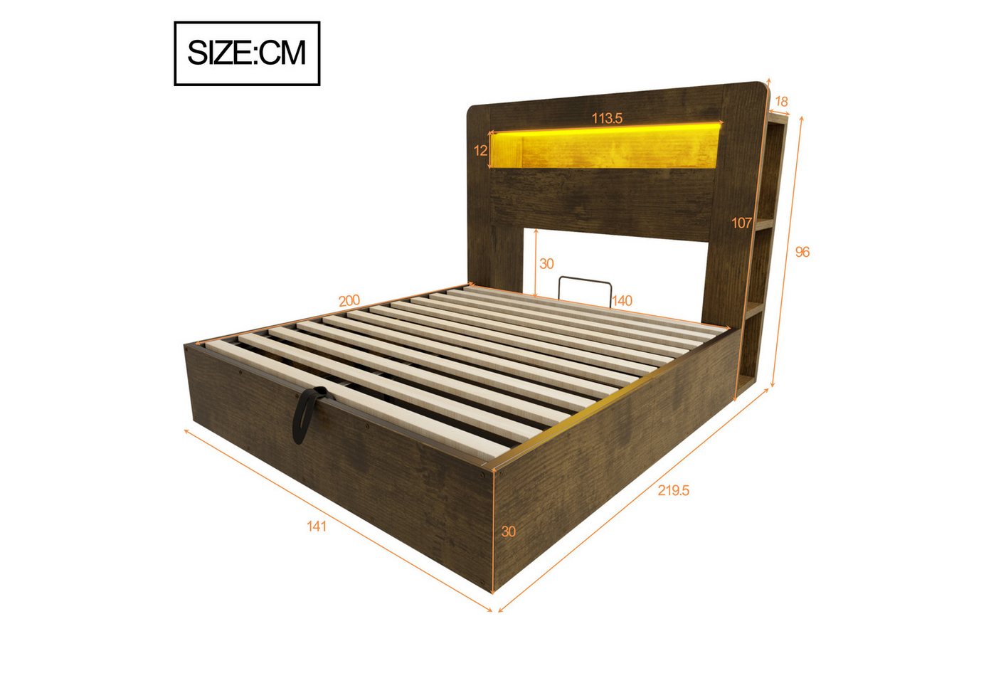 Celya Bettgestell mit hydraulischem Hubsystem (ohne Matratze, modernes Plattformbett, mit LED-Kopfteil, integrierten Steckdosen und Staufächern) – Bild 2 von 5