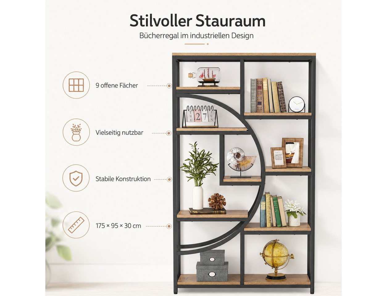 Celya Bücherregal Raumteiler, Standregal mit 9 Ebenen, 175 x 95 x 30 cm – Bild 3 von 5