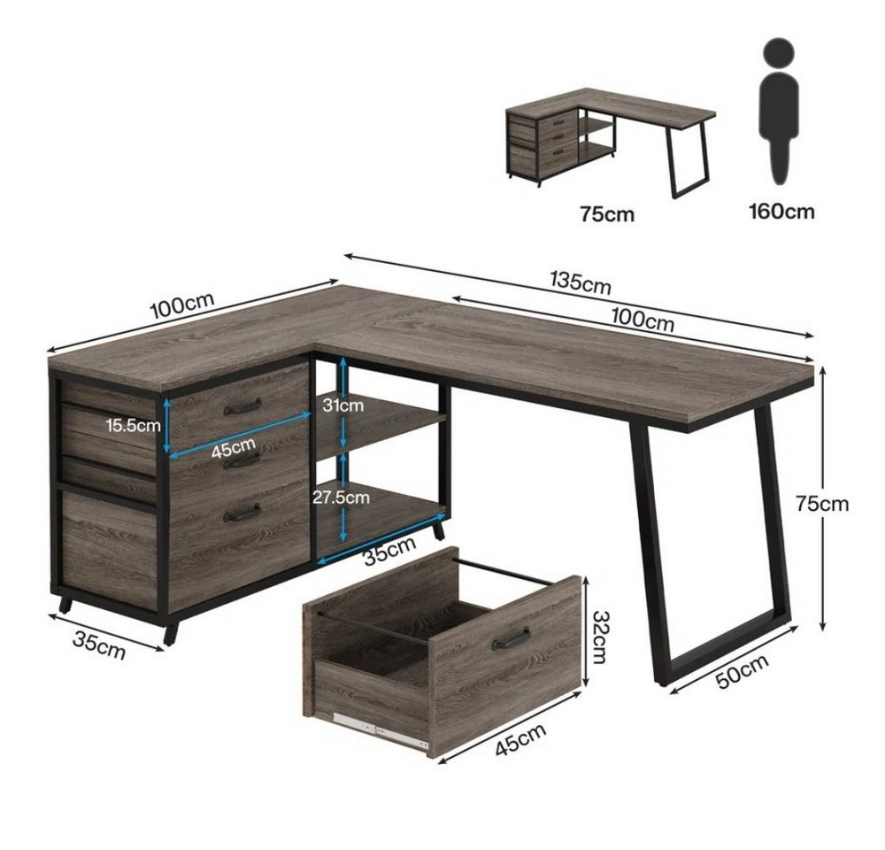 Celya Computertisch 135 cm reversibler L-förmiger Schreibtisch (mit 3 Schubladen und Regalen) – Bild 2 von 5
