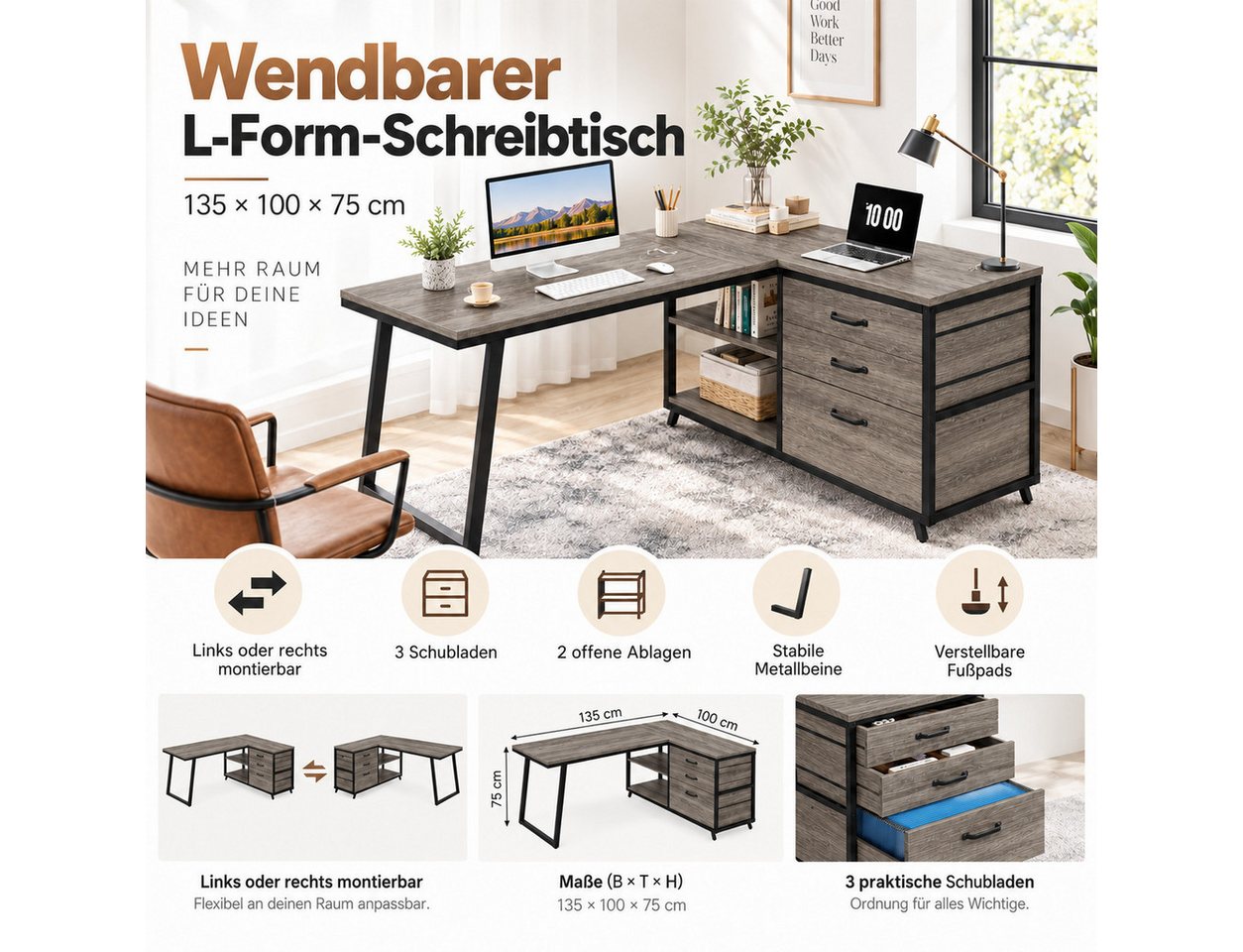 Celya Computertisch 135 cm reversibler L-förmiger Schreibtisch (mit 3 Schubladen und Regalen) – Bild 3 von 5