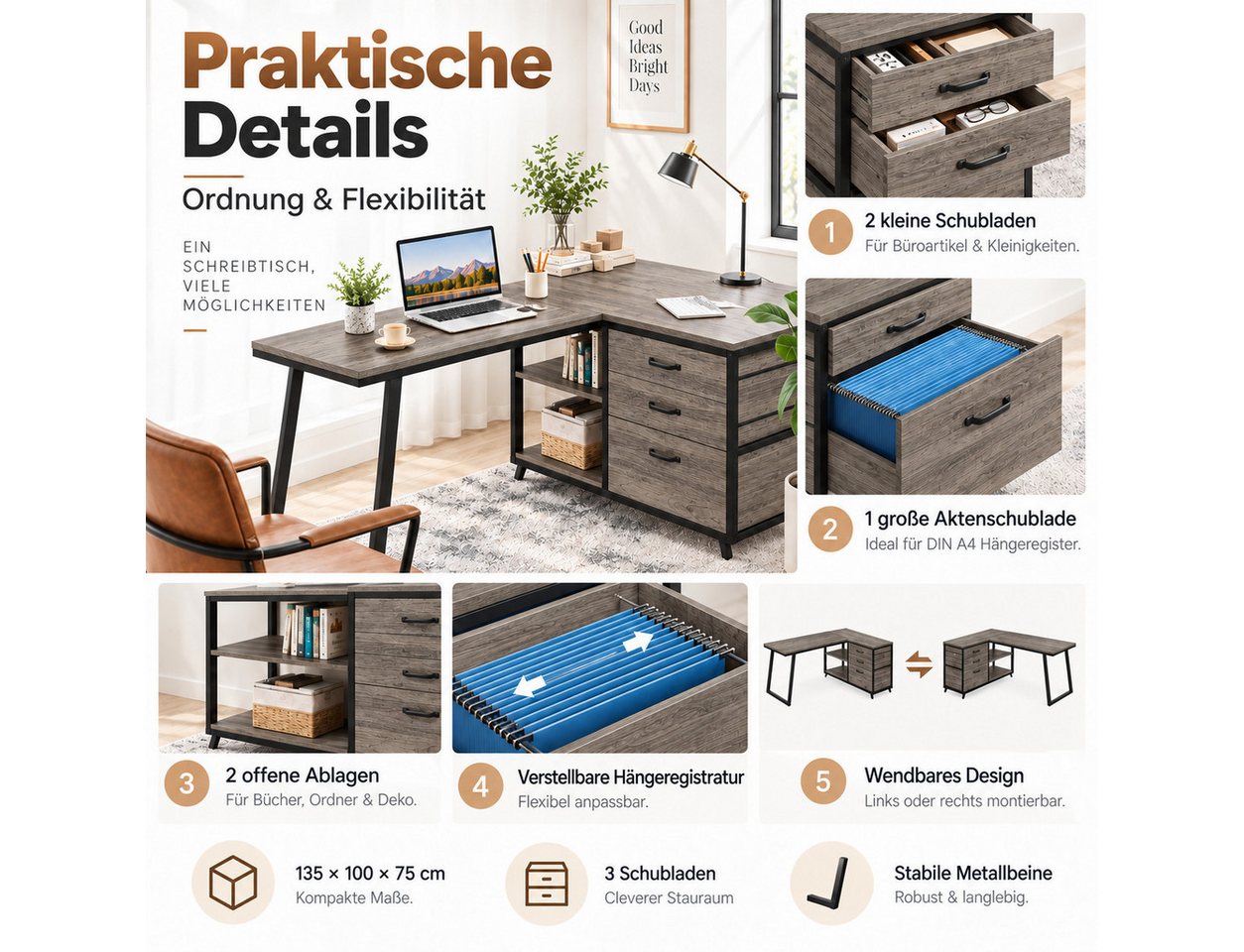 Celya Computertisch 135 cm reversibler L-förmiger Schreibtisch (mit 3 Schubladen und Regalen) – Bild 4 von 5