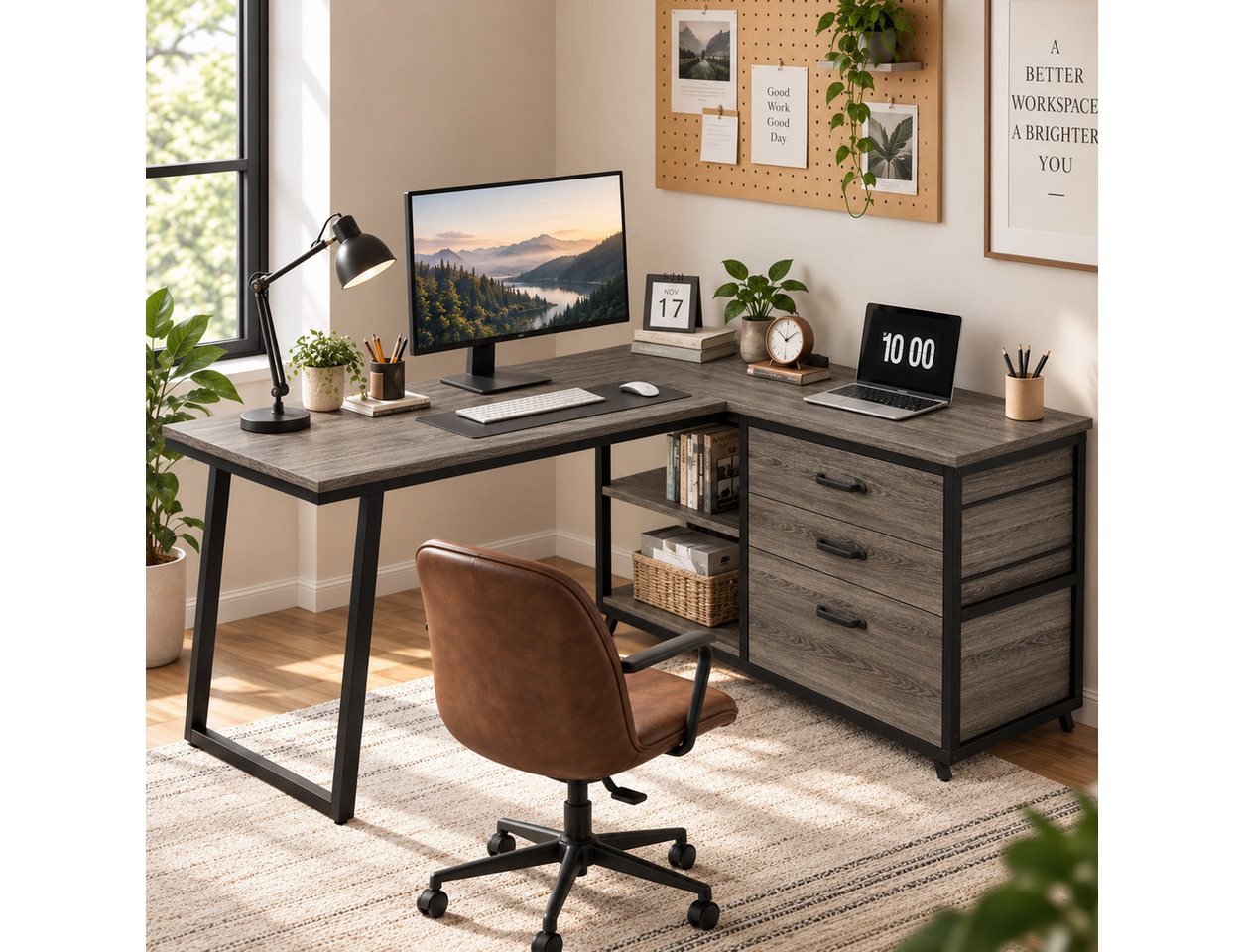 Celya Computertisch 135 cm reversibler L-förmiger Schreibtisch (mit 3 Schubladen und Regalen) – Bild 5 von 5