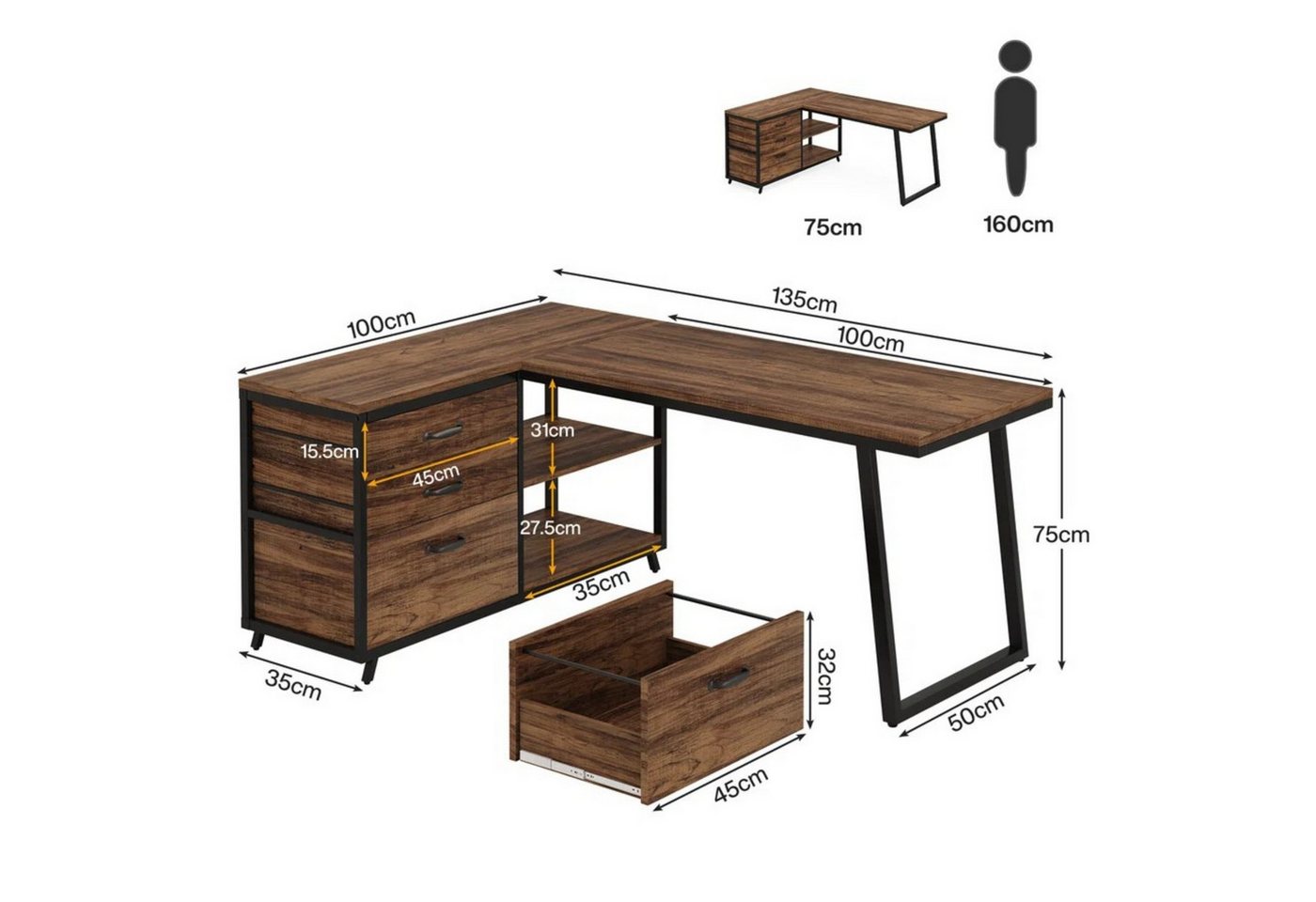 Celya Computertisch 135 cm reversibler L-förmiger Schreibtisch (mit 3 Schubladen und Regalen) – Bild 2 von 5