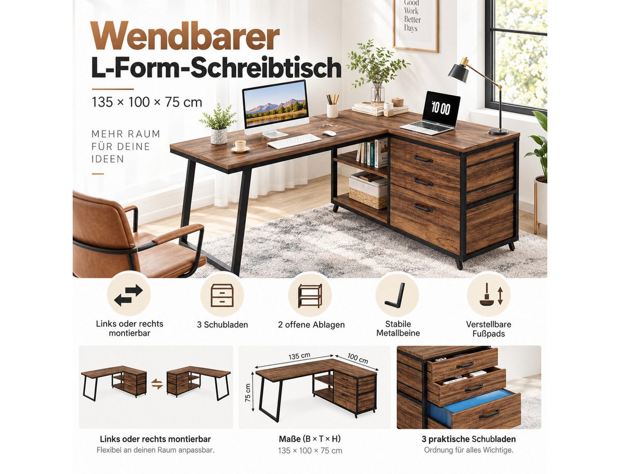 Celya Computertisch 135 cm reversibler L-förmiger Schreibtisch (mit 3 Schubladen und Regalen) – Bild 3 von 5