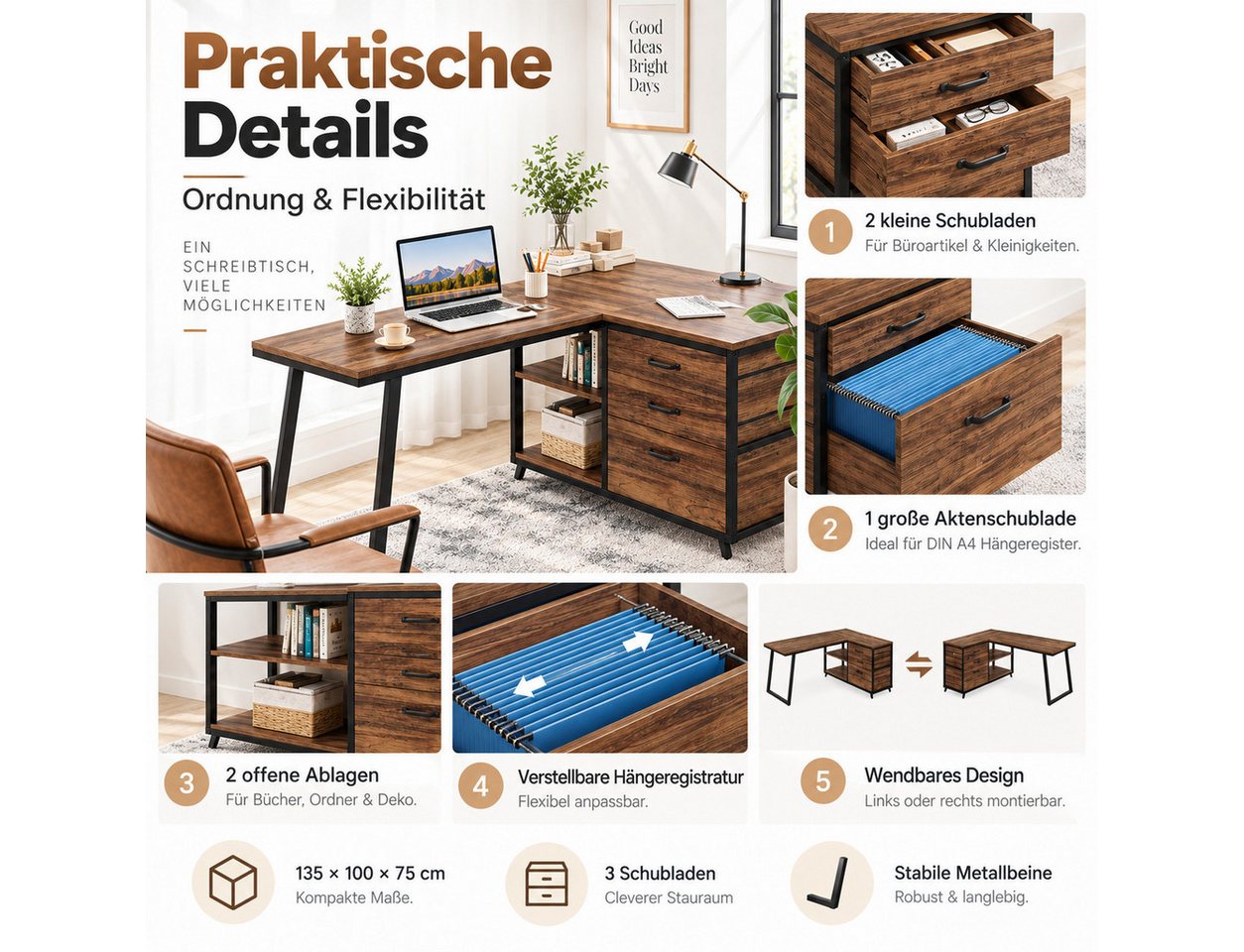 Celya Computertisch 135 cm reversibler L-förmiger Schreibtisch (mit 3 Schubladen und Regalen) – Bild 4 von 5