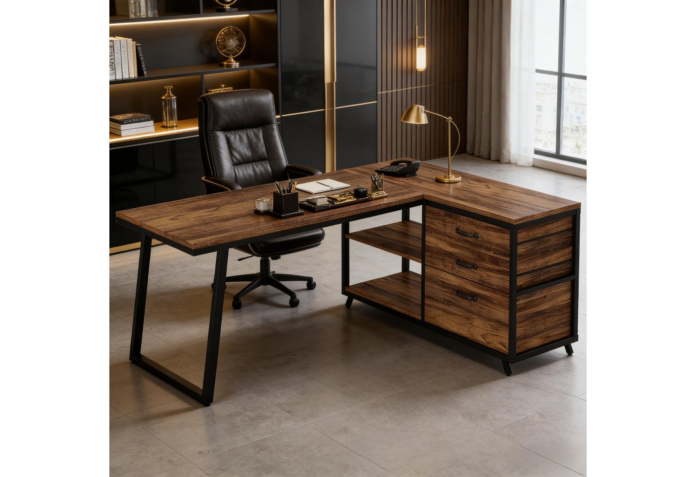 Celya Computertisch 135 cm reversibler L-förmiger Schreibtisch (mit 3 Schubladen und Regalen) – Bild 5 von 5