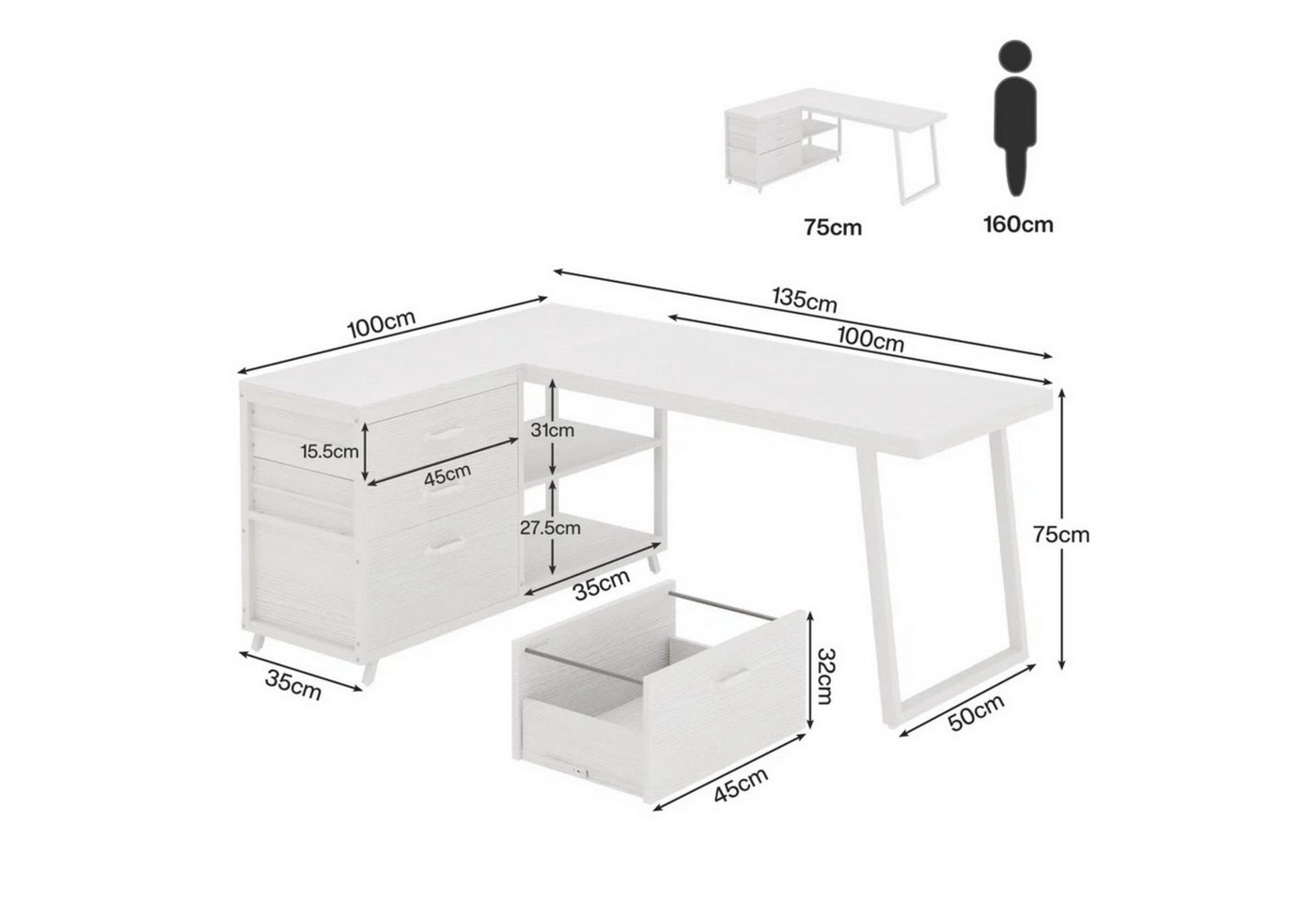Celya Computertisch 135 cm reversibler L-förmiger Schreibtisch (mit 3 Schubladen und Regalen) – Bild 2 von 5