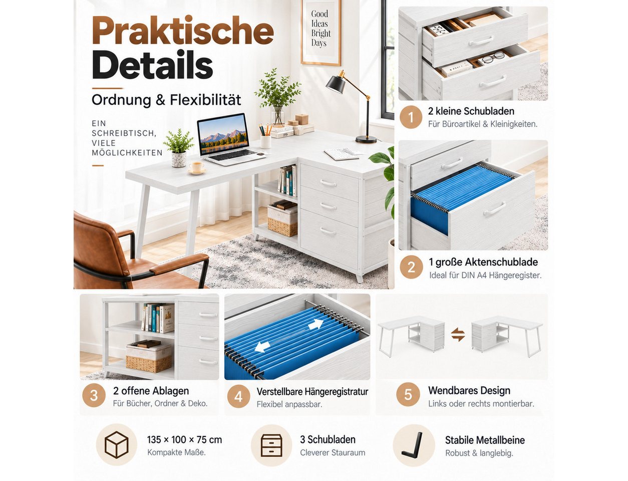 Celya Computertisch 135 cm reversibler L-förmiger Schreibtisch (mit 3 Schubladen und Regalen) – Bild 3 von 5