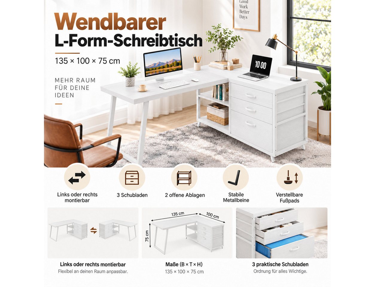 Celya Computertisch 135 cm reversibler L-förmiger Schreibtisch (mit 3 Schubladen und Regalen) – Bild 4 von 5