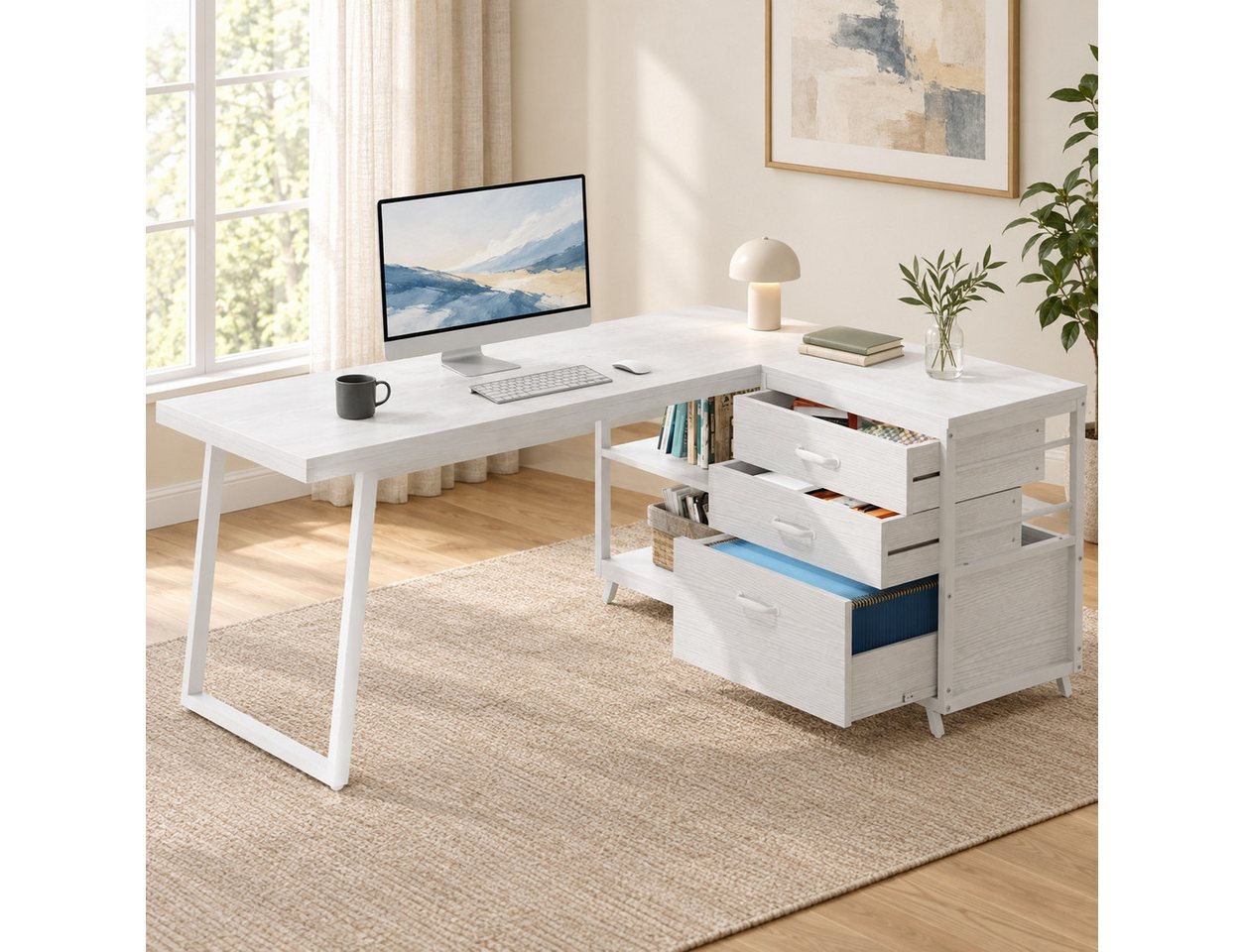 Celya Computertisch 135 cm reversibler L-förmiger Schreibtisch (mit 3 Schubladen und Regalen) – Bild 5 von 5
