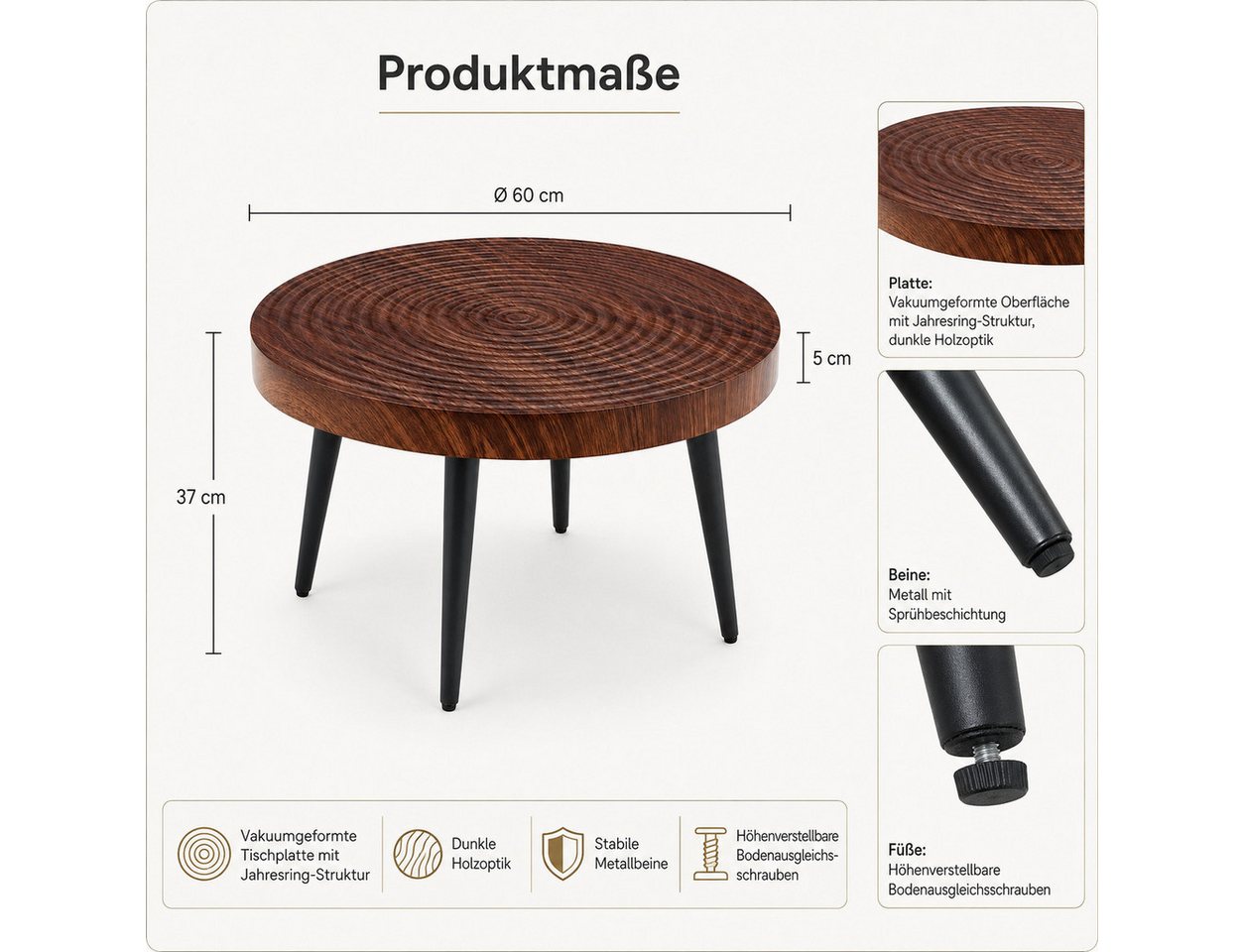 Celya Couchtisch Moderner runder Beistelltisch mit 5cm starker Tischplatte (mit Metallfüßen, vielseitig einsetzbar für Wohnzimmer, Café und Büro) – Bild 2 von 5