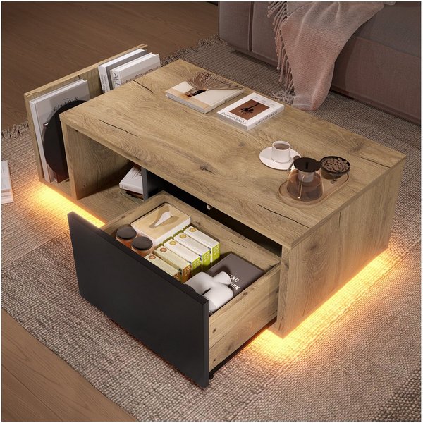 Celya Couchtisch Multifunktionales Retro-Tisch mit integrierter LED-Beleleuchtung (mit cleverem Stauraum für individuell dimmbares Wohlfühl-Ambiente)