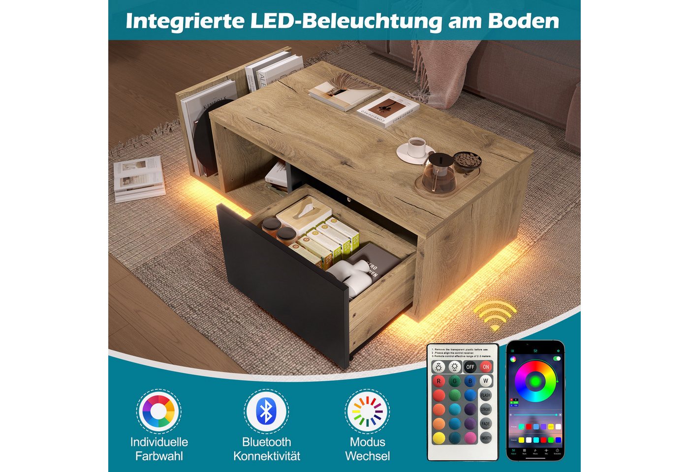 Celya Couchtisch Multifunktionales Retro-Tisch mit integrierter LED-Beleleuchtung (mit cleverem Stauraum für individuell dimmbares Wohlfühl-Ambiente) – Bild 3 von 5
