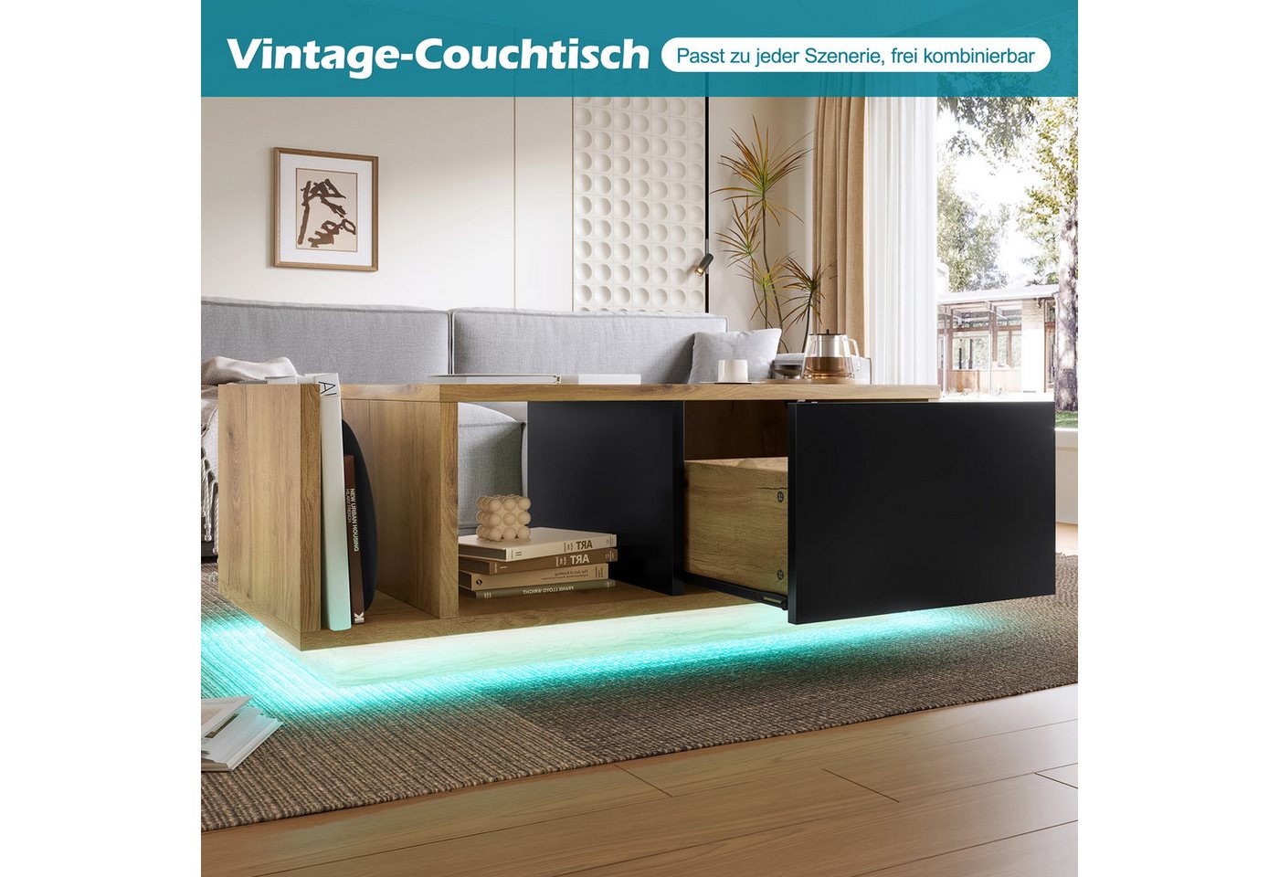 Celya Couchtisch Multifunktionales Retro-Tisch mit integrierter LED-Beleleuchtung (mit cleverem Stauraum für individuell dimmbares Wohlfühl-Ambiente) – Bild 5 von 5