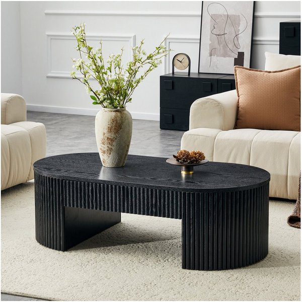 Celya Couchtisch Ovaler, Fluted geriffelter Kaffeetisch aus Holz (Moderner Stauraum Wohnzimmertisch mit Schublade für Sofa)