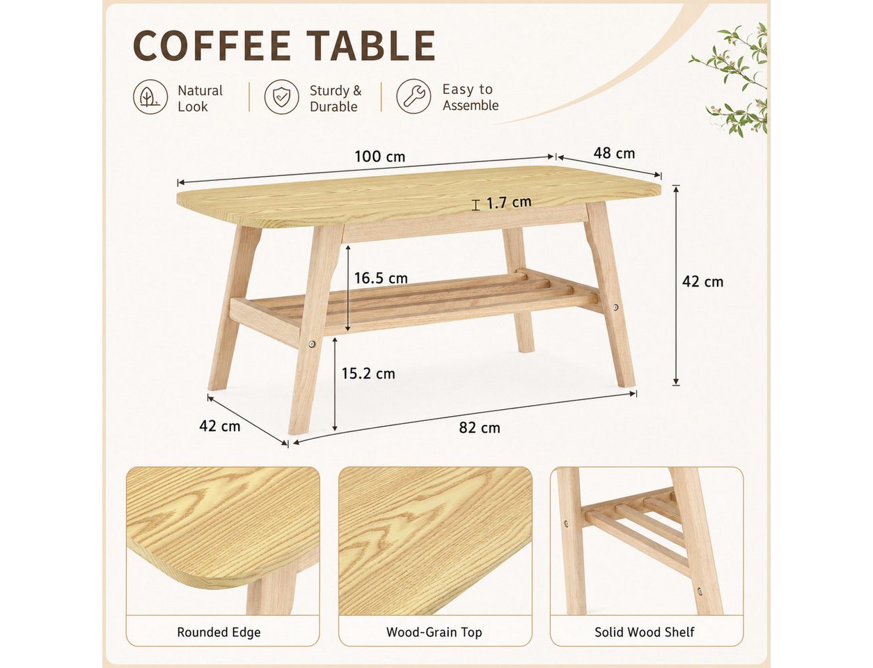 Celya Couchtisch Rechteckig, mit Ausreichend Stauraum (Massivholzsockel, Ideal für Wohnzimmer, Wohnungen und Büros) – Bild 2 von 5
