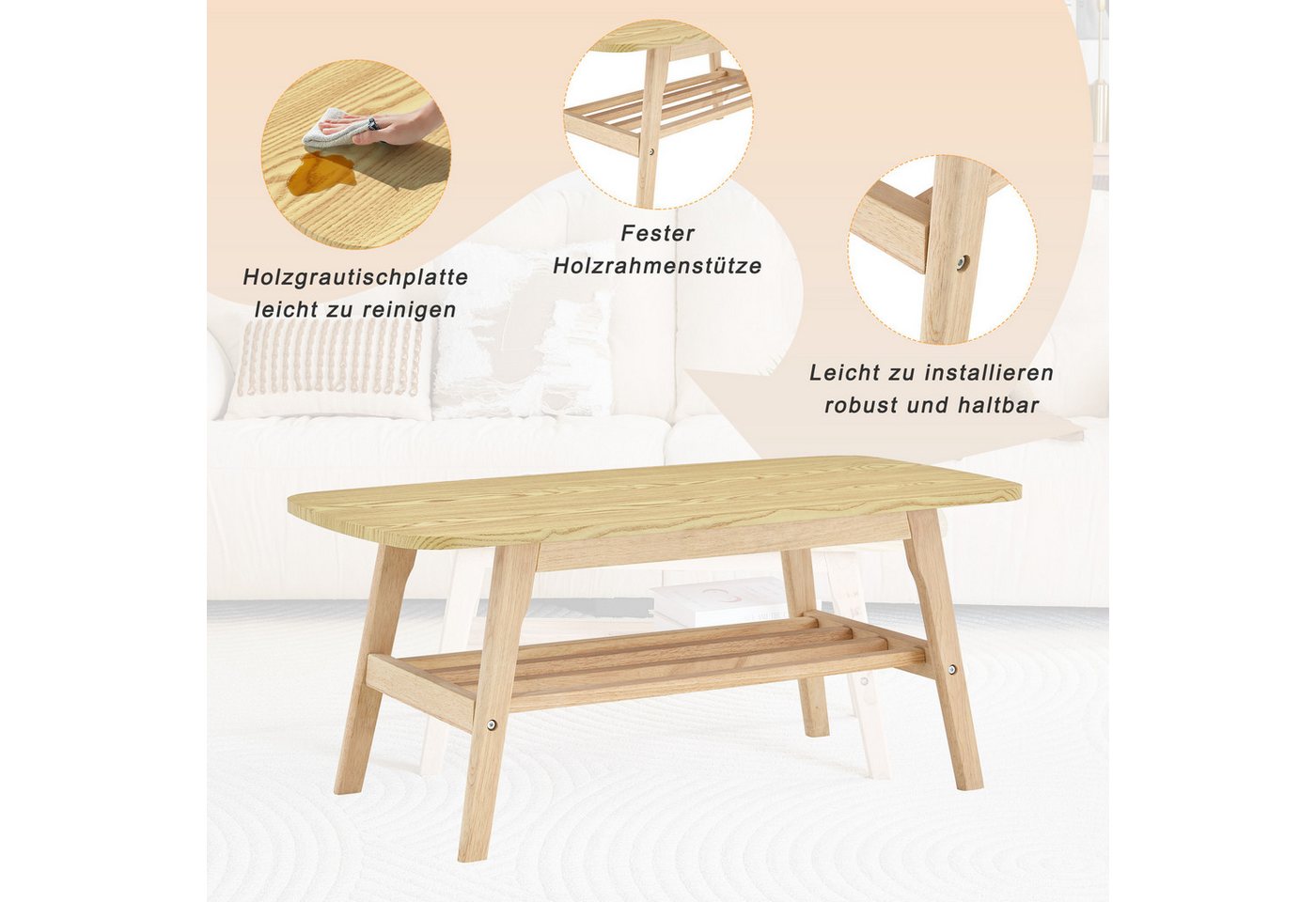 Celya Couchtisch Rechteckig, mit Ausreichend Stauraum (Massivholzsockel, Ideal für Wohnzimmer, Wohnungen und Büros) – Bild 3 von 5
