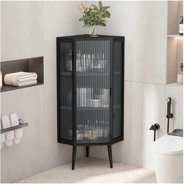 Celya Eckregal Eck-Unterschrank mit Tür aus gehärtetem Glas und verstellbarem Regal, für Badezimmer, Wohnzimmer, Schlafzimmer,Schwarz