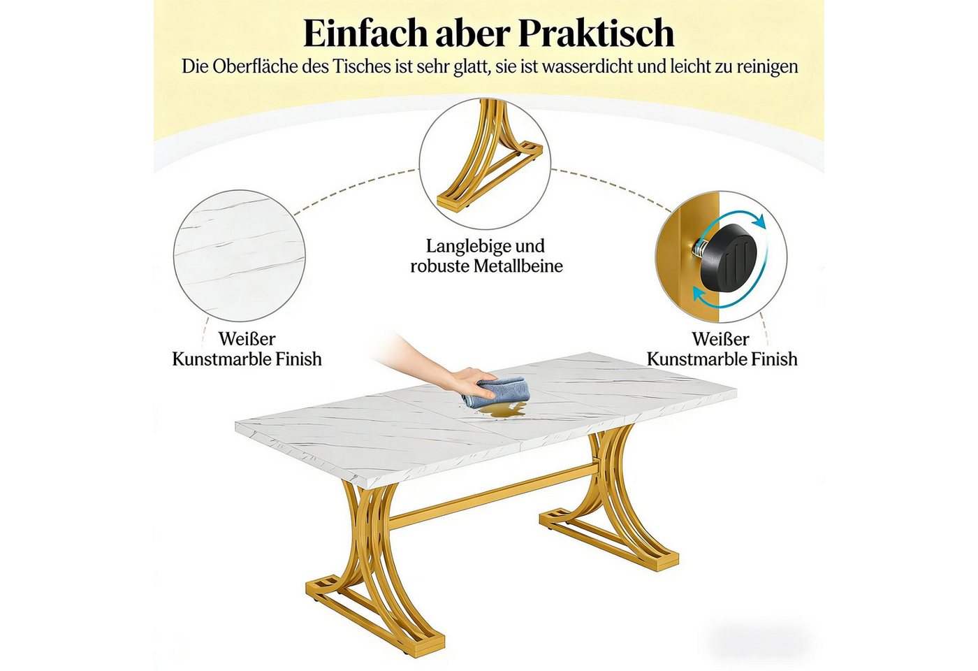 Celya Esstisch Rechteckiger Küchentisch, Tischplatte aus Kunstmarmor und Metallbeinen (für 4 bis 6 Personen) – Bild 2 von 5